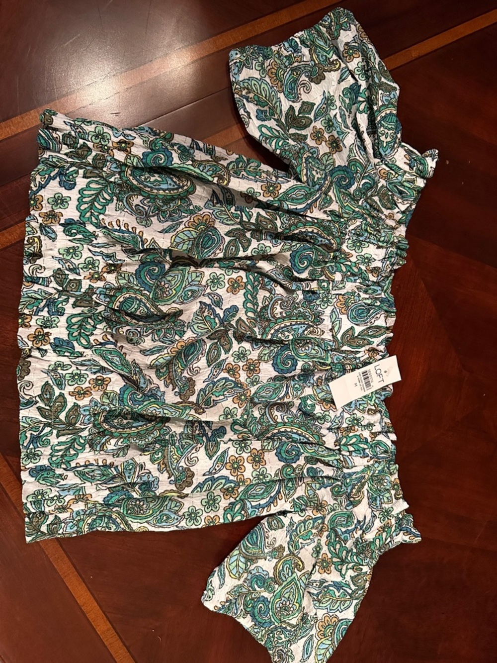 LOFT Teal and White Paisley Off-Shoulder Blouse